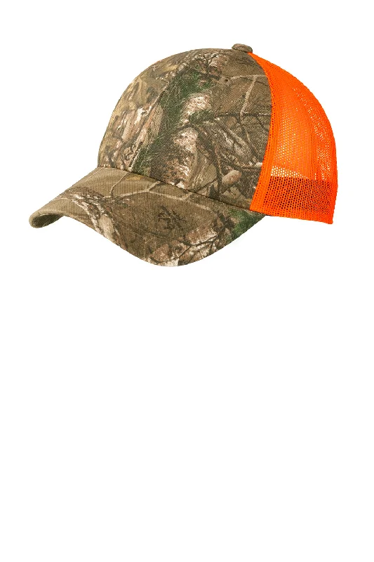 Mens hats for endurance training-Port Authority Mens Camouflage Mesh Back Adjustable Hat - Realtree Xtra/Neon Orange