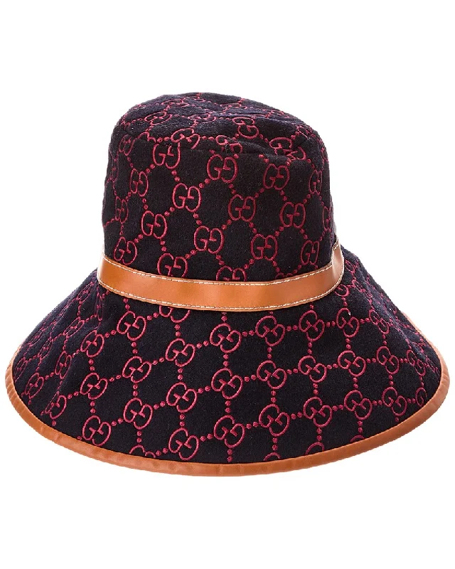 Wool hats for stylish snow wear-Gucci Logo Print Leather-Trim Wool-Blend Hat