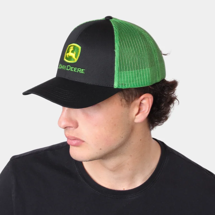 Beanies & Headbands for Rainy Days-John Deere 6 Panel Mesh Cap - Black/Green