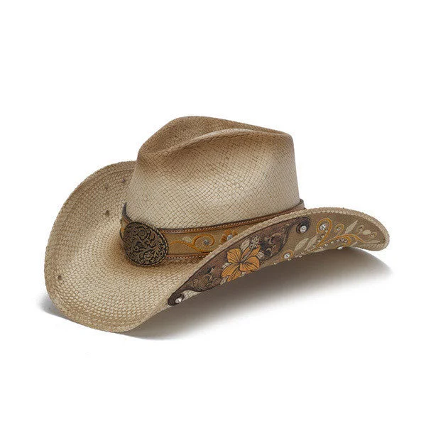 Beanies & Headbands with Soft Tones-Stampede Hats - Beige Western Hat with Hibiscus Flower and Floral Filigree