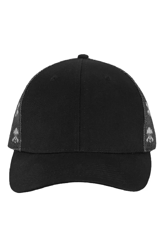 Mens hats with strong stitching-Kati Mens Printed Mesh Snapback Trucker Hat - Black/Black/Skull