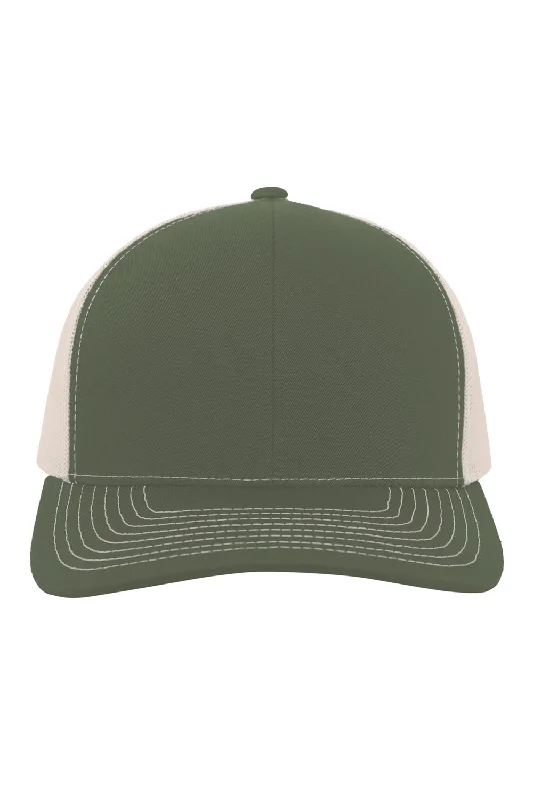 Mens hats with flexible fit-Pacific Headwear Mens Contrast Stitch Snapback Mesh Trucker Hat - Moss Green/Beige