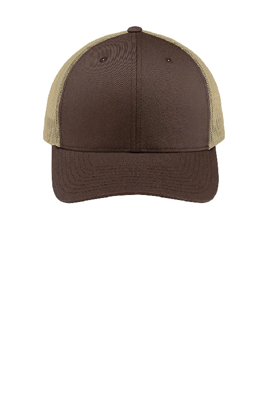 Mens hats with dynamic colors-Sport-Tek Mens Adjustable Trucker Hat - Chocolate Brown/Khaki