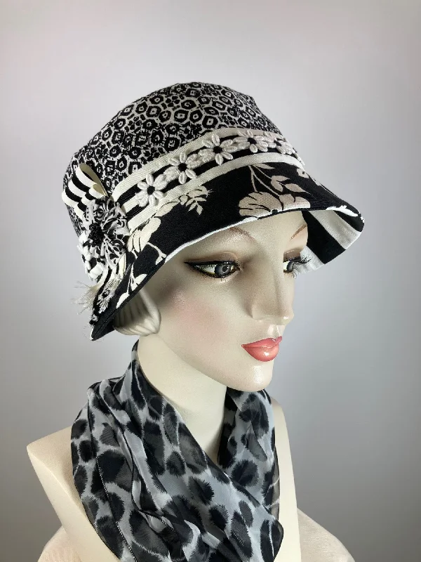 bucket hats for lightweight, stylish outdoor wear-Cotton and Linen Summer Cloche Hat. Small Brim Hat for Women. Ladies Summer Travel Hat. Black White bucket hat. Mixed fabric casual hat.