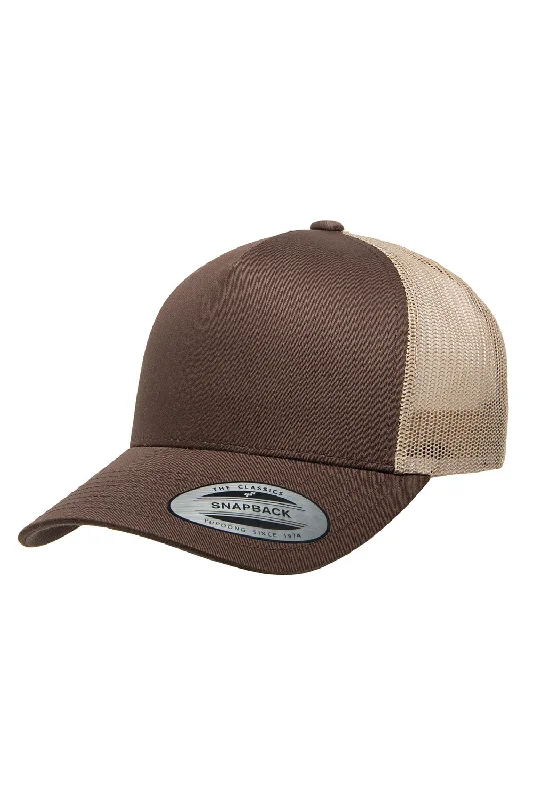 Mens hats with logos-Yupoong Mens Adjustable Trucker Hat - Brown/Khaki