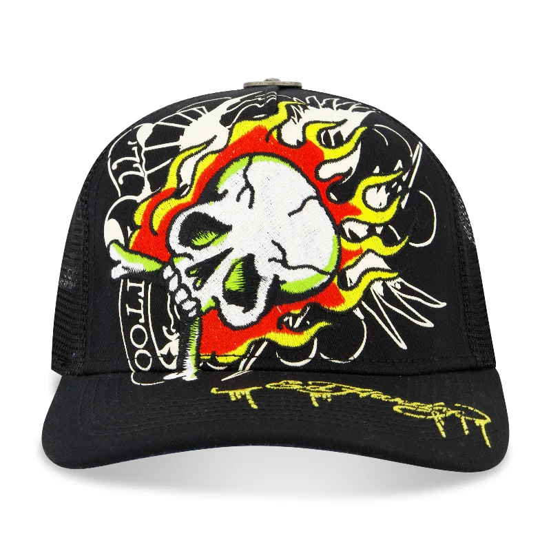 Beanies & Headbands with Silly Prints-Embroidered Fire Skull Hat