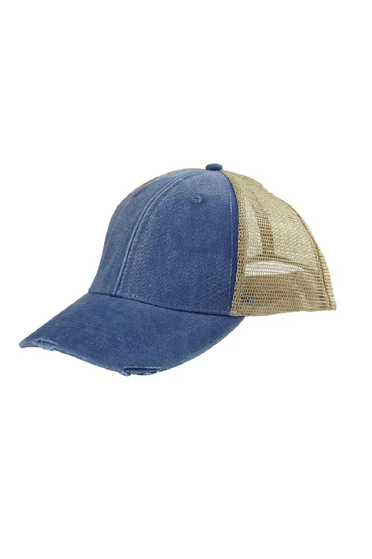 Mens hats with cozy feel-Adams Mens Distressed Ollie Adjustable Trucker Hat - Royal Blue/Tan