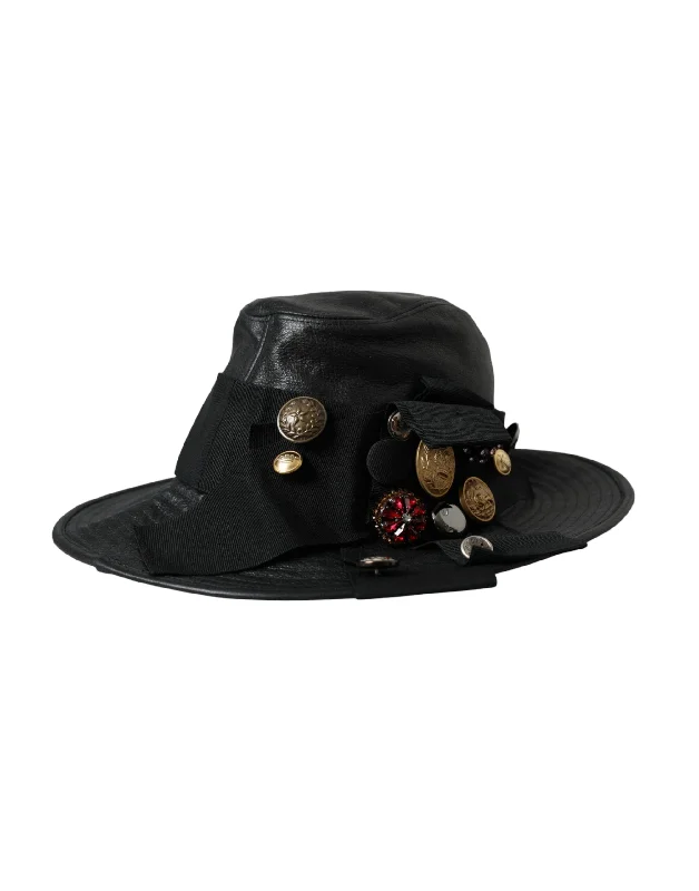 Womens Hats with pleated fabric-Dolce & Gabbana  Leather DG Coin Crystal Wide Brim Women's Hat