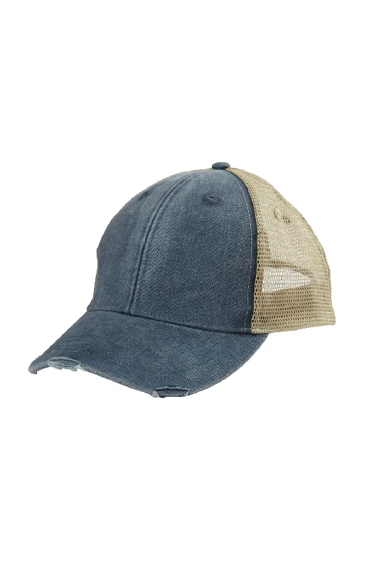 Mens hats for workout sessions-Adams Mens Distressed Ollie Adjustable Trucker Hat - Navy Blue/Tan