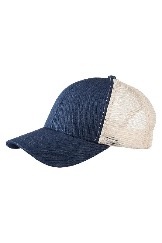 Mens hats with thick fabric-Econscious Mens Washed Hemp Blend Snapback Trucker Hat - Navy Blue/Oyster