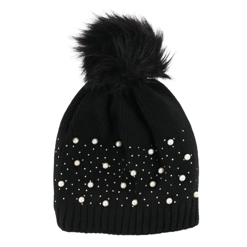 Womens Hats for sunny eaves-Women's Knit Winter Hat with Synthetic Fur Pom and Rhinestones