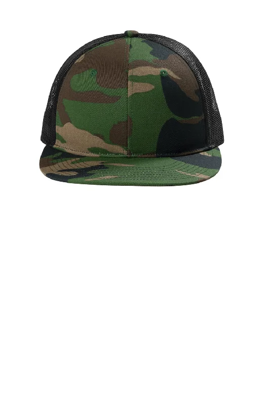 Mens hats for home relaxation-Port Authority Mens Snapback Flat Bill Trucker Hat - Woodland Camo/Black