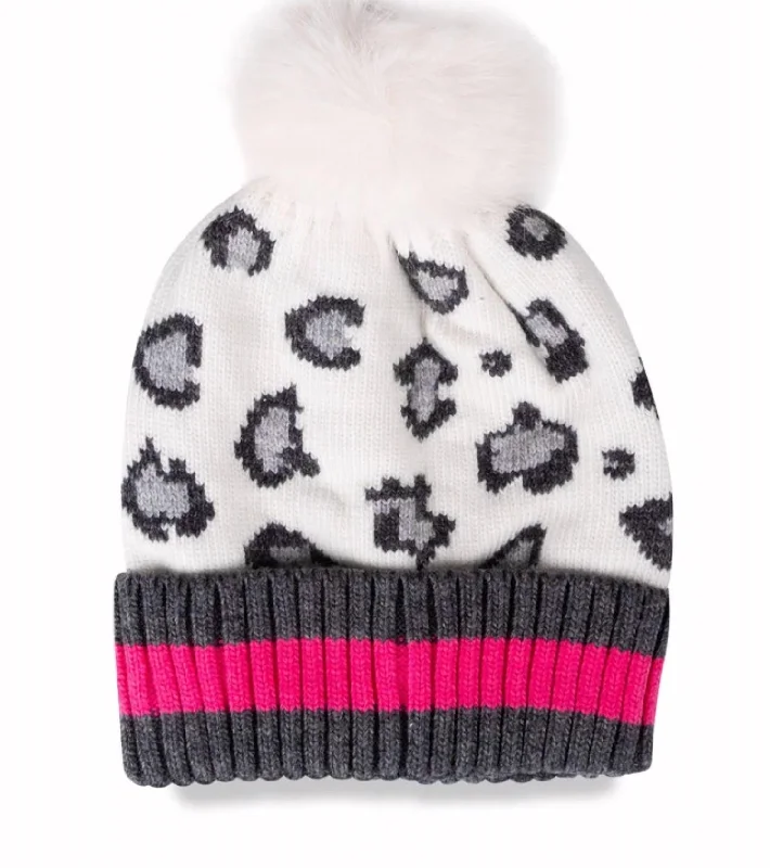 Womens Hats for weekend markets-Babe Animal Print Pom Pom Hat In White