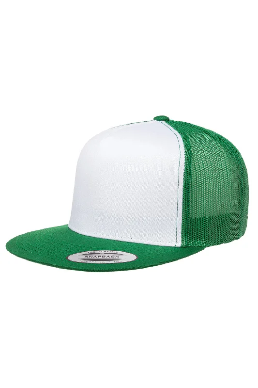 Mens hats with quick-dry fabric-Yupoong Mens Adjustable Trucker Hat - White/Kelly Green