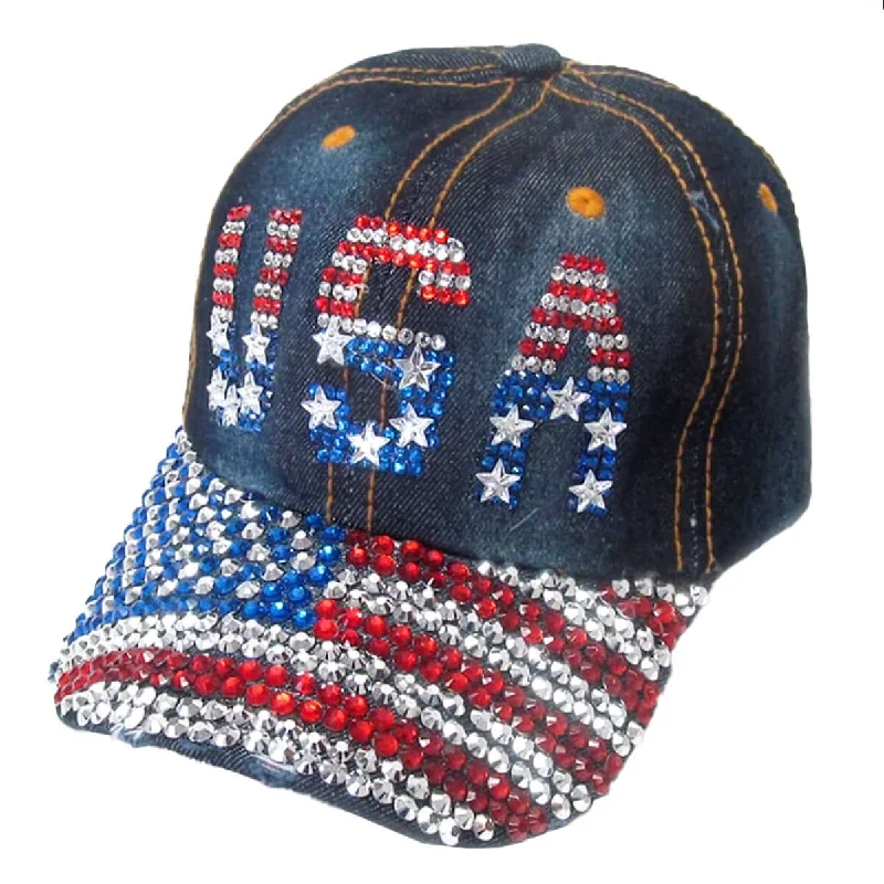 Beanies & Headbands with Plain Look-Rhinestone Denim Bling USA Hat