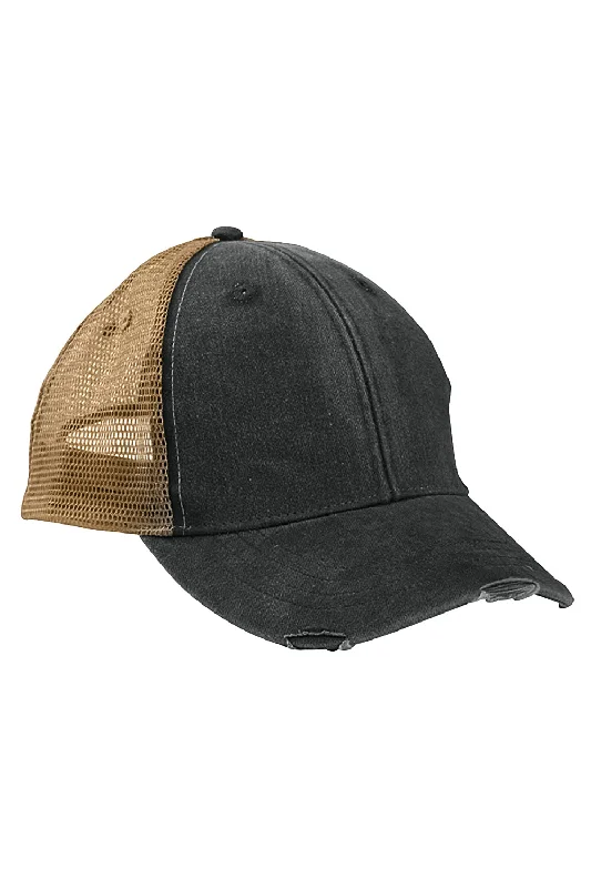 Mens hats for quick strolls-Adams Mens Distressed Ollie Adjustable Trucker Hat - Black/Mustard Yellow/Tan