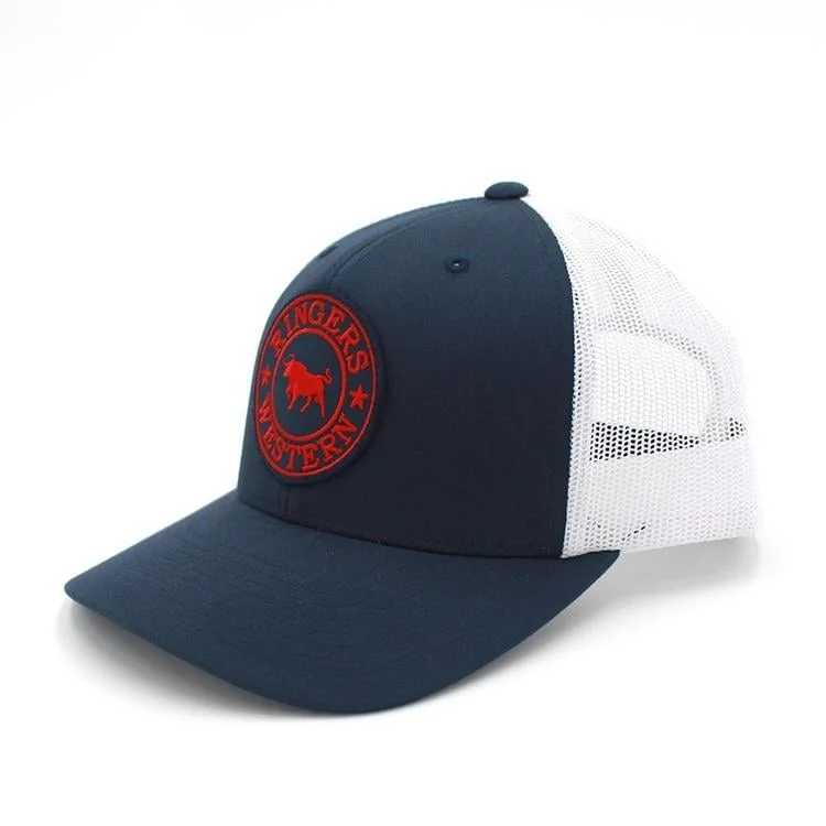 Beanies & Headbands with Embroidery-Ringers Western Signature Bull Trucker - Navy & White with Navy & Red Patch