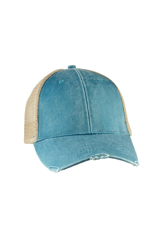 Mens hats with sophisticated style-Adams Mens Distressed Ollie Adjustable Trucker Hat - Teal Blue/Tan