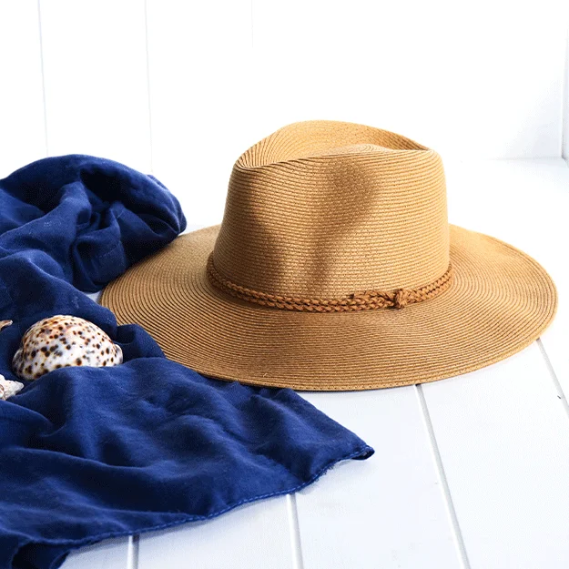 Beanies & Headbands with Strong Fabric-Sundaise Rachael Wide Brim Packable Fedora - Caramel