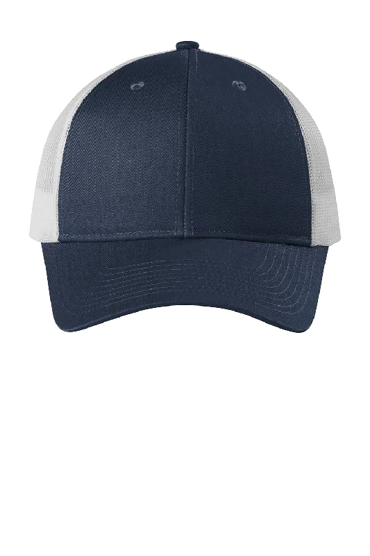 Mens hats for downtime-Port Authority Mens Low Profile Snapback Trucker Hat - Heather Dress Navy Blue/Silver Grey Mist