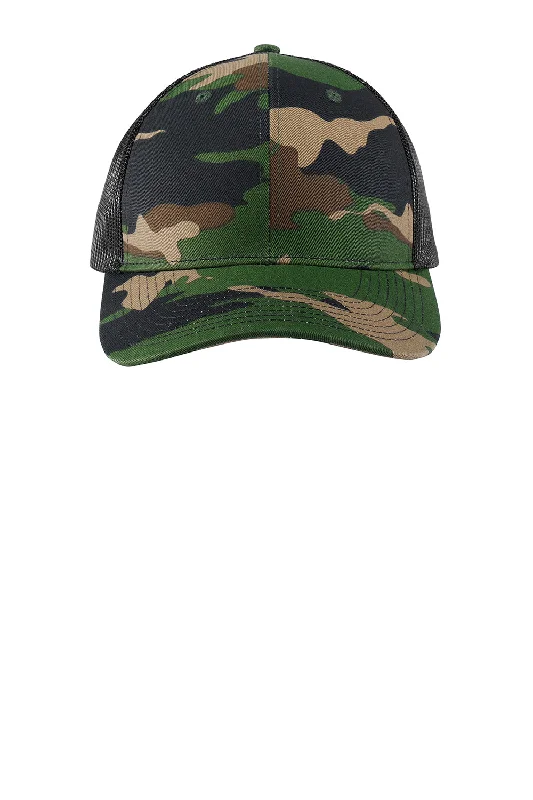 Mens hats for narrow fit-Port Authority Mens Adjustable Trucker Hat - Woodland Camo/Black