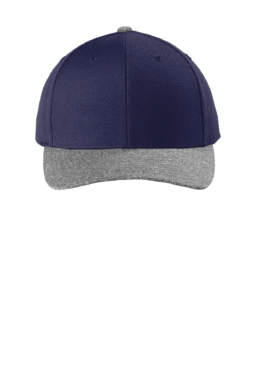 Mens hats for windy days-Sport-Tek Mens Curve Bill Snapback Hat - True Navy Blue/Heather Grey