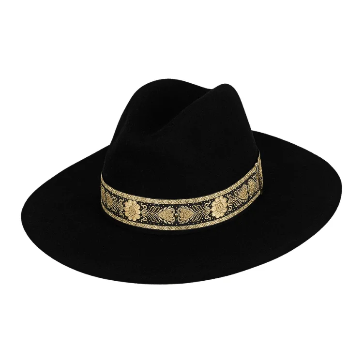 Beanies & Headbands with Ethnic Patterns-Kooringal Elwood Wide Brim Fedora - Black