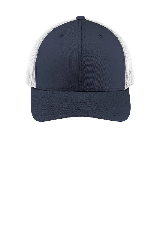 Mens hats with rugged style-Sport-Tek Mens Adjustable Trucker Hat - True Navy Blue/White