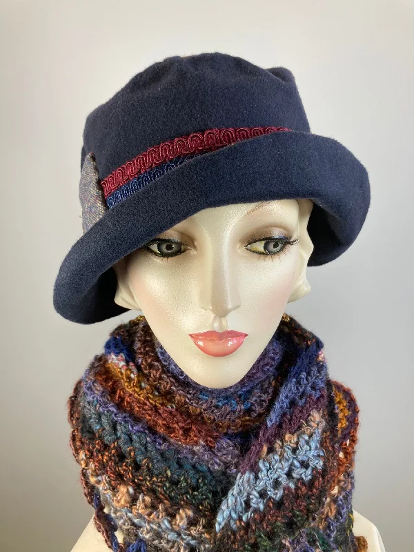 bucket hats for laid-back beach fashion-Navy, brown, burgundy cloche hat. Women's winter cloche. Ladies bucket hat. Small brim hat winter. Great Gatsby hat. Downton Abbey Hat.