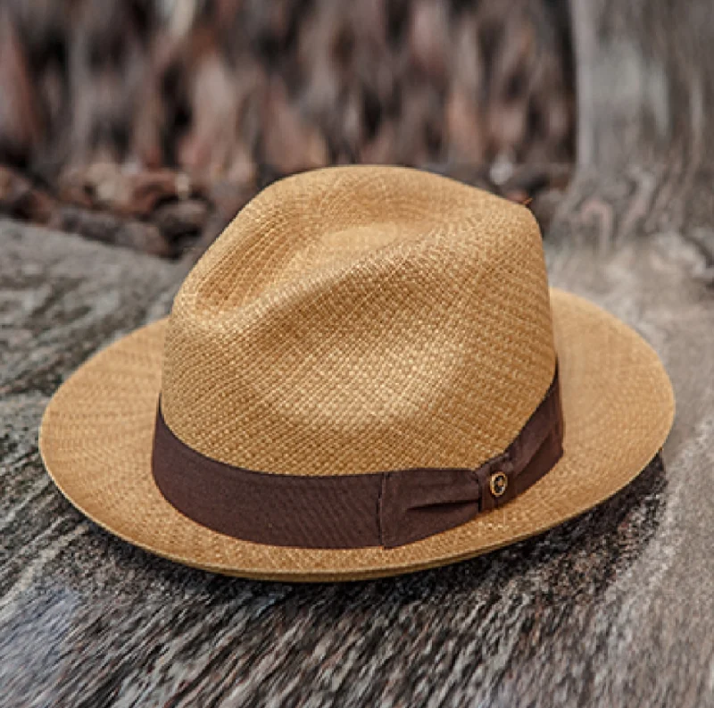 Beanies & Headbands with Airy Knit-Austral Hats - Light Brown Panama Hat with Brown Bow Band