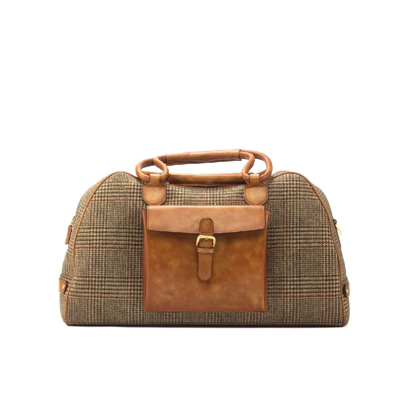 Mens hats for road trips-DapperFam Luxe Men's Travel Duffle in Tweed Sartorial & Cognac Leather