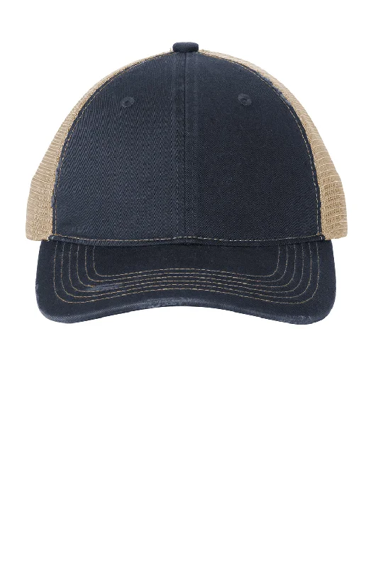 Mens hats with breathable fabric-Port Authority Mens Distressed Mesh Back Adjustable Hat - River Navy Blue/Khaki