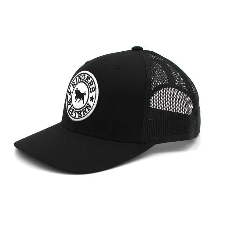 Beanies & Headbands with Cool Designs-Ringers Western Signature Bull Trucker Black with Black & White Patch - Black, Black & White Patch