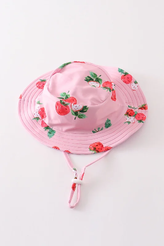 Sun hat for YouTube style-White & pink stripe strawberry print sun hat