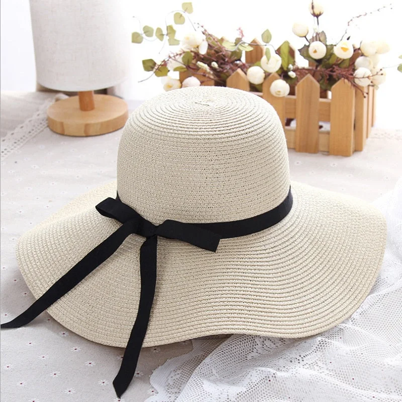 Sun hat for regional styles-simple Foldable Wide Brim Floppy Girls Straw Hat Sun Hat Beach Women Summer Hat UV Protect Travel Cap Lady Cap Female