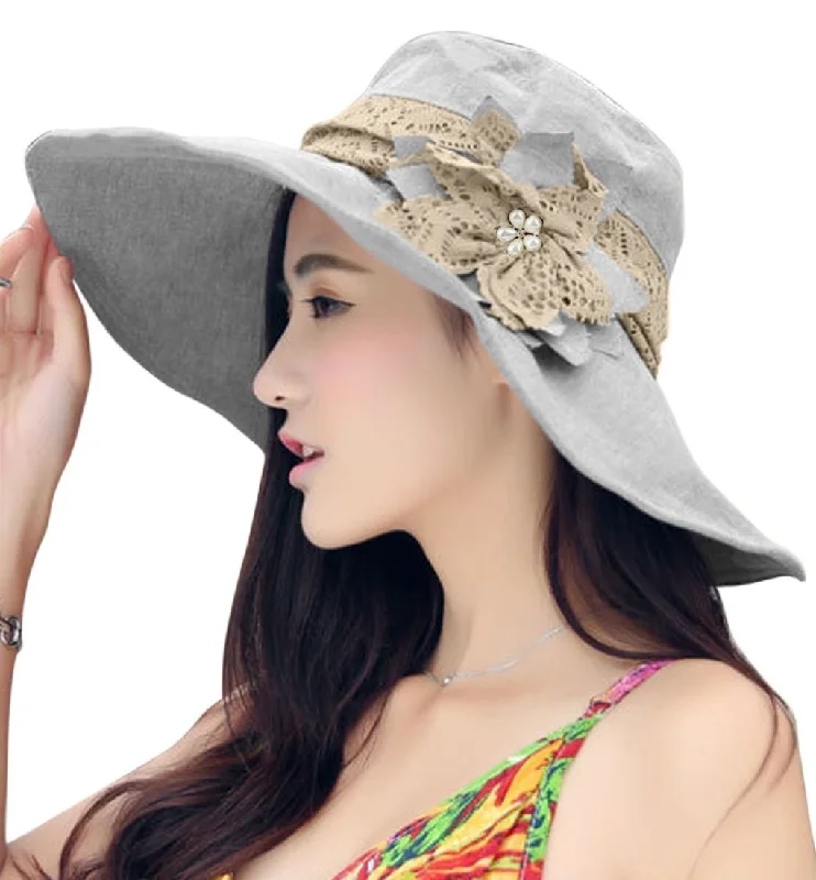 Sun hat for all identities-FakeFace Women's Anti-UV Sun Protective Wide Brim Floppy Floral Sun Hat UPF 50+